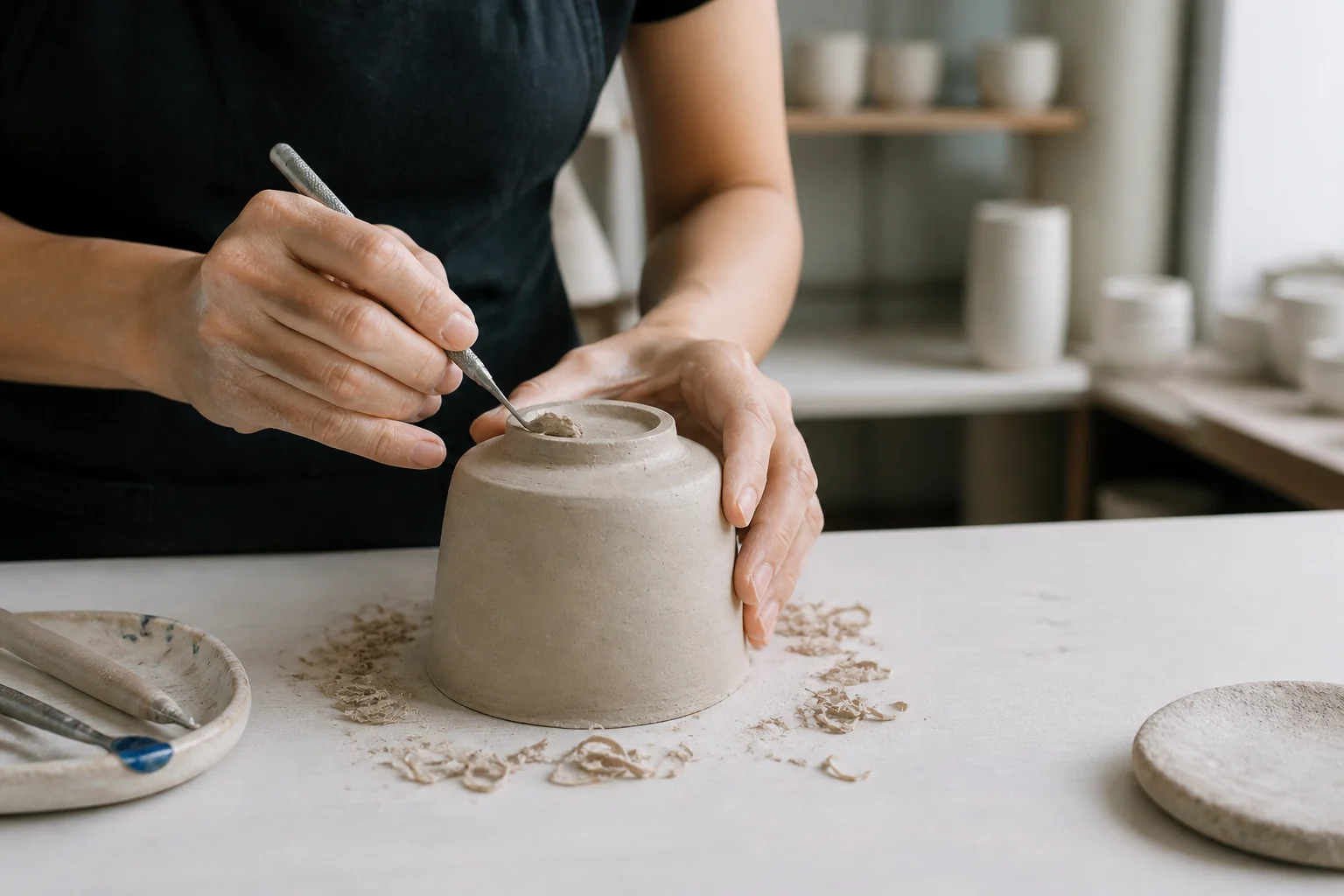 Ceramic maker trimming a handmade cup